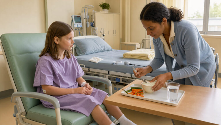 Une jeune fille dans une chambre pédiatrique lumineuse, accompagnée d’un adulte qui prépare un repas équilibré et facile à manger après une intervention.