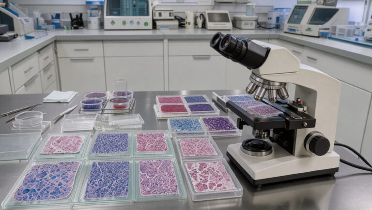 Poste de laboratoire médical présentant des coupes de tissus et des échantillons cellulaires colorés près d’un microscope, illustrant les analyses d’anatomie et de cytologie pathologiques.
