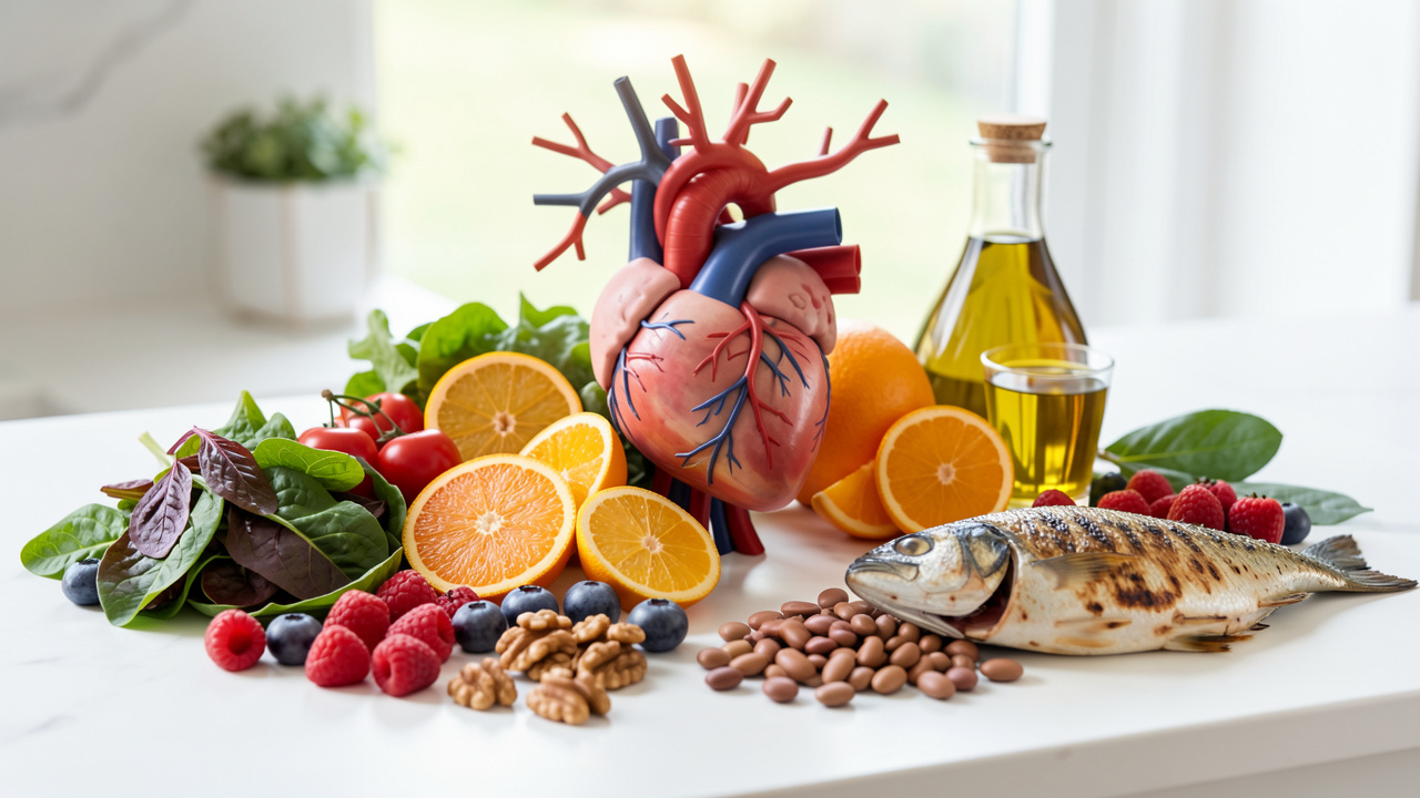 Composition colorée d’aliments favorables à la santé cardiovasculaire autour d’une représentation discrète du cœur et des vaisseaux sanguins.