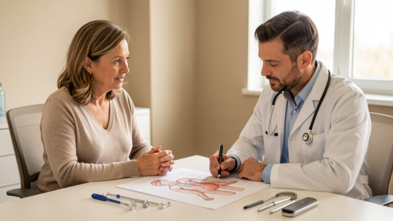 Une patiente échange avec un médecin interniste dans un cabinet médical, entourée d’éléments évoquant l’analyse de symptômes complexes.