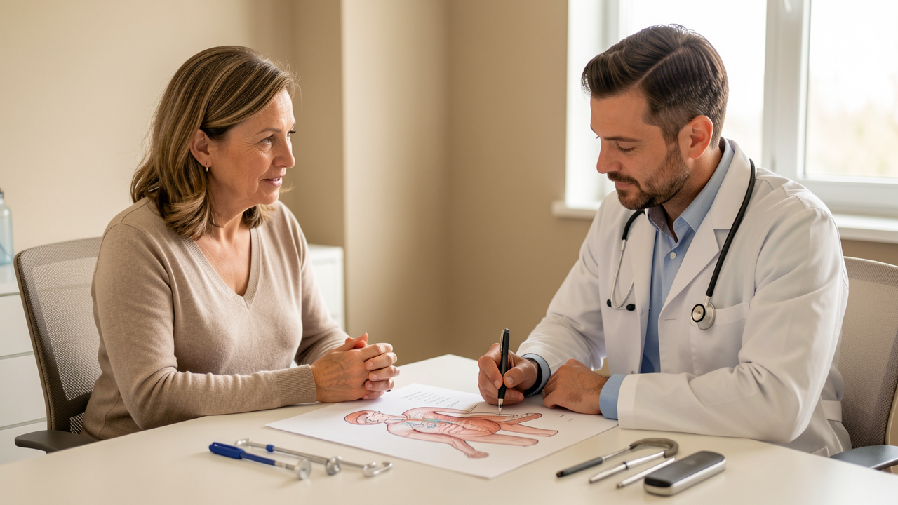 Une patiente échange avec un médecin interniste dans un cabinet médical, entourée d’éléments évoquant l’analyse de symptômes complexes.