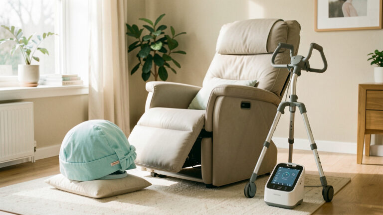 Dispositifs médicaux de confort présentés dans un intérieur lumineux, comprenant un bonnet rafraîchissant, un fauteuil ergonomique, une aide à la mobilité et un appareil compact de suivi physiologique.