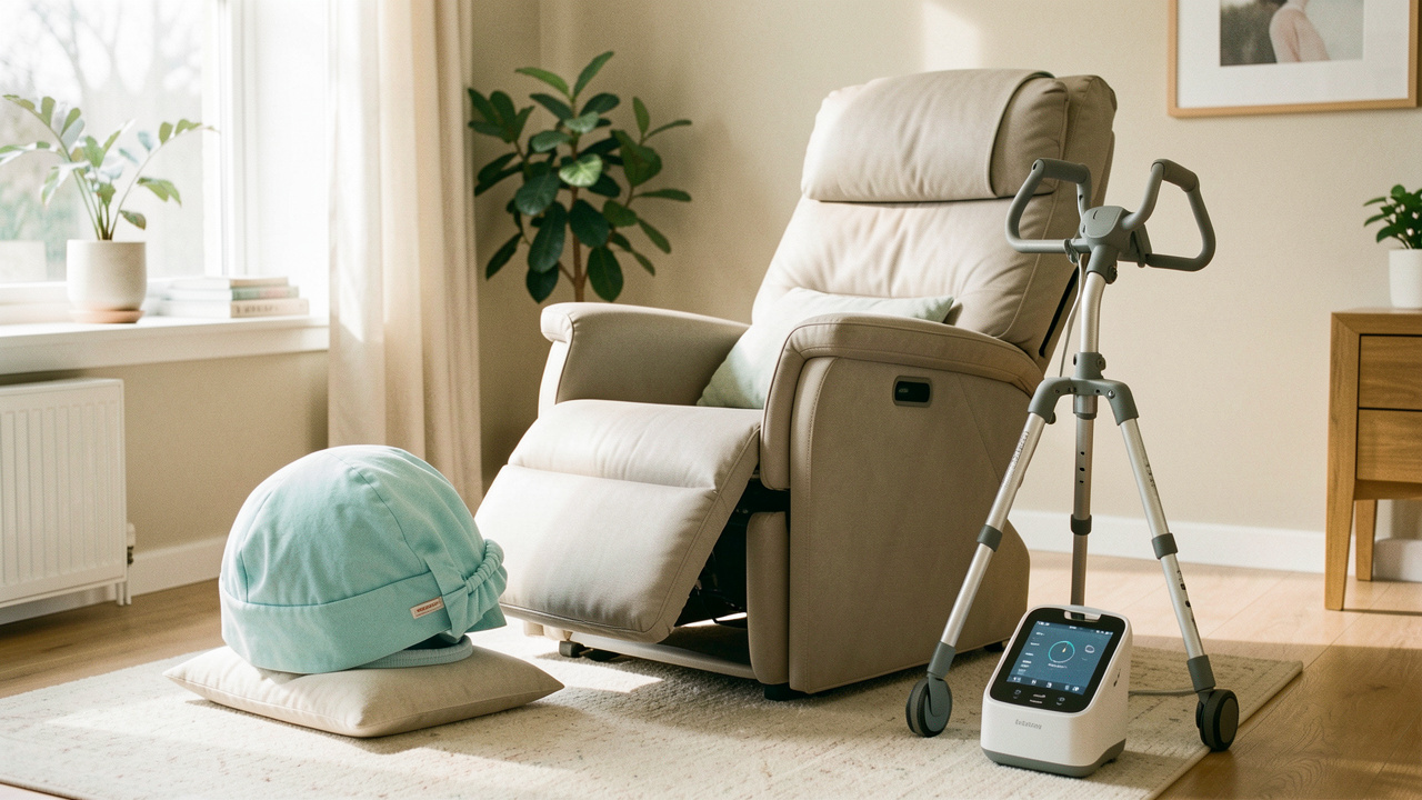 Dispositifs médicaux de confort présentés dans un intérieur lumineux, comprenant un bonnet rafraîchissant, un fauteuil ergonomique, une aide à la mobilité et un appareil compact de suivi physiologique.