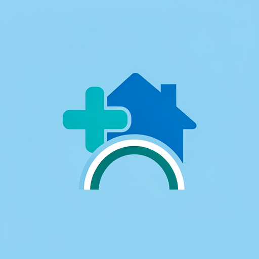 Icône médicale minimaliste combinant une croix de santé, une maison et un symbole de soutien orthopédique sur fond bleu uni.