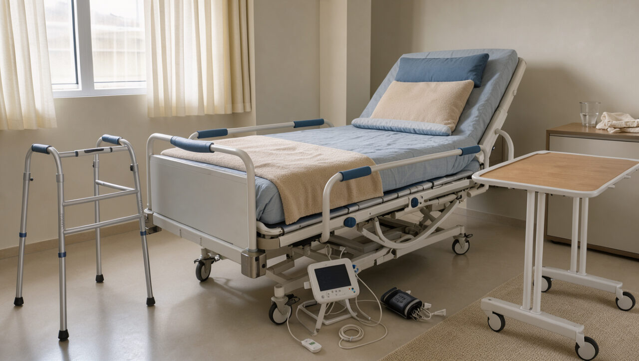 Chambre de convalescence à domicile équipée d’un lit médicalisé réglable, de barres d’appui, d’un déambulateur, de coussins de soutien et d’un matériel de surveillance discret.