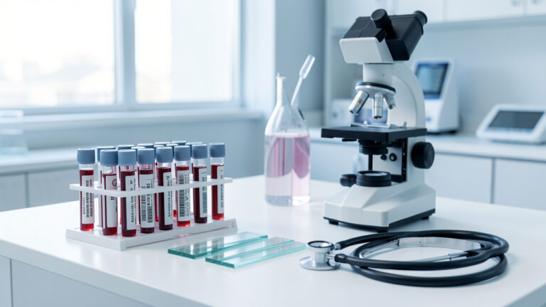 Matériel de laboratoire médical avec tubes d’échantillons sanguins, microscope, lames et stéthoscope, évoquant la compréhension des examens d’hématologie.