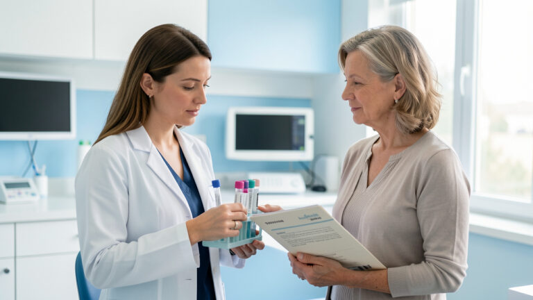 Une immunologue examine des tubes d’analyses et un dossier de remboursement avec une patiente dans une clinique moderne.