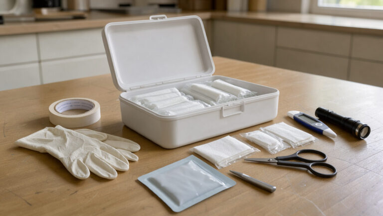 Trousse de premiers secours soigneusement organisée avec pansements, compresses, gants, thermomètre, lampe de poche et autres fournitures médicales sur une table lumineuse.