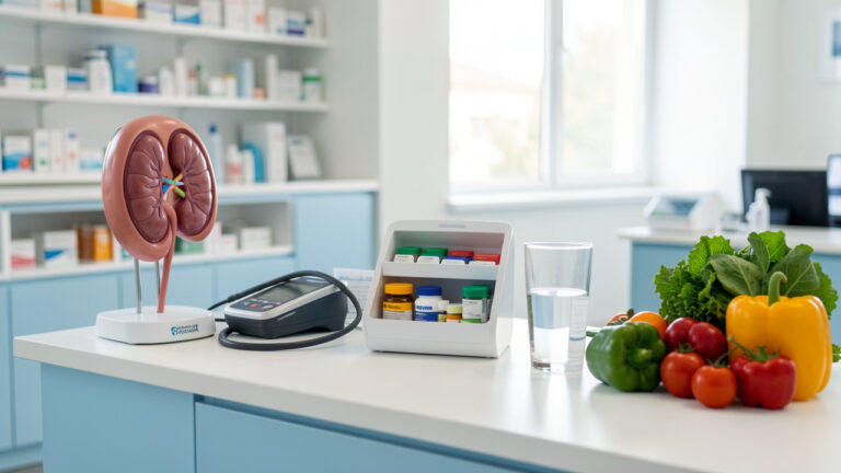 Composition sobre dans une pharmacie avec un modèle de rein, un tensiomètre, un pilulier, un verre d’eau et des légumes frais évoquant la prévention et la santé rénale au quotidien.