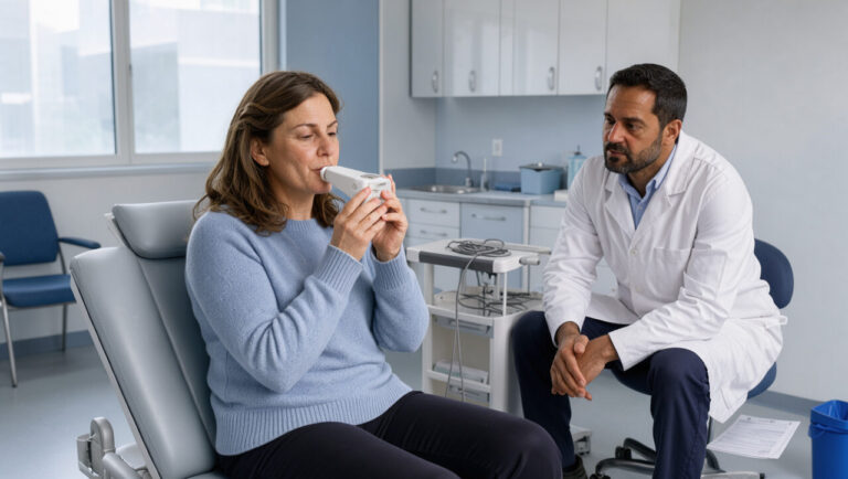 Une femme effectue un examen respiratoire avec un spiromètre sous la supervision attentive d’un pneumologue dans un cabinet médical.