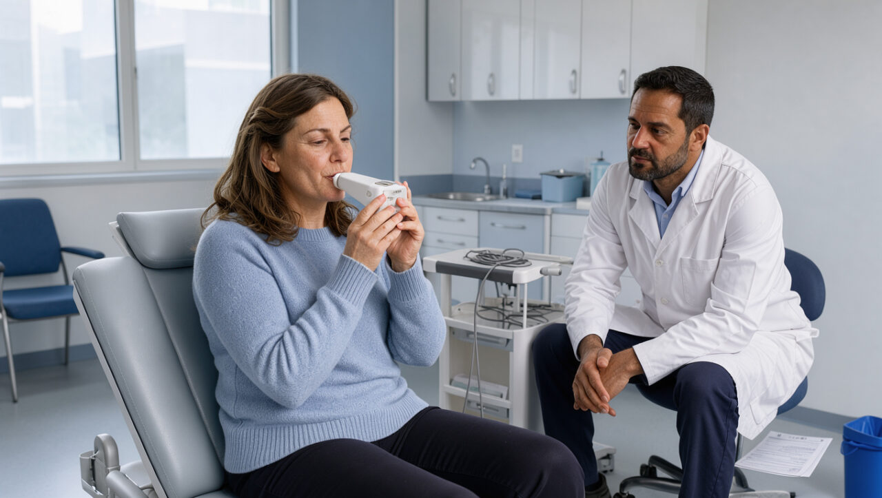 Une femme effectue un examen respiratoire avec un spiromètre sous la supervision attentive d’un pneumologue dans un cabinet médical.