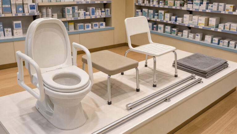 Rehausseur de WC blanc avec poignées présenté dans un espace de pharmacie aux côtés d’aides à la mobilité.