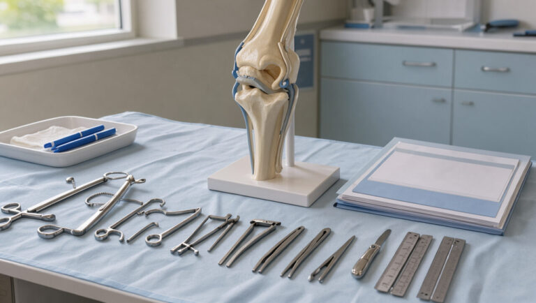 Instruments de chirurgie orthopédique et modèle anatomique d’un genou posés sur un bureau de clinique, évoquant la préparation des remboursements médicaux.
