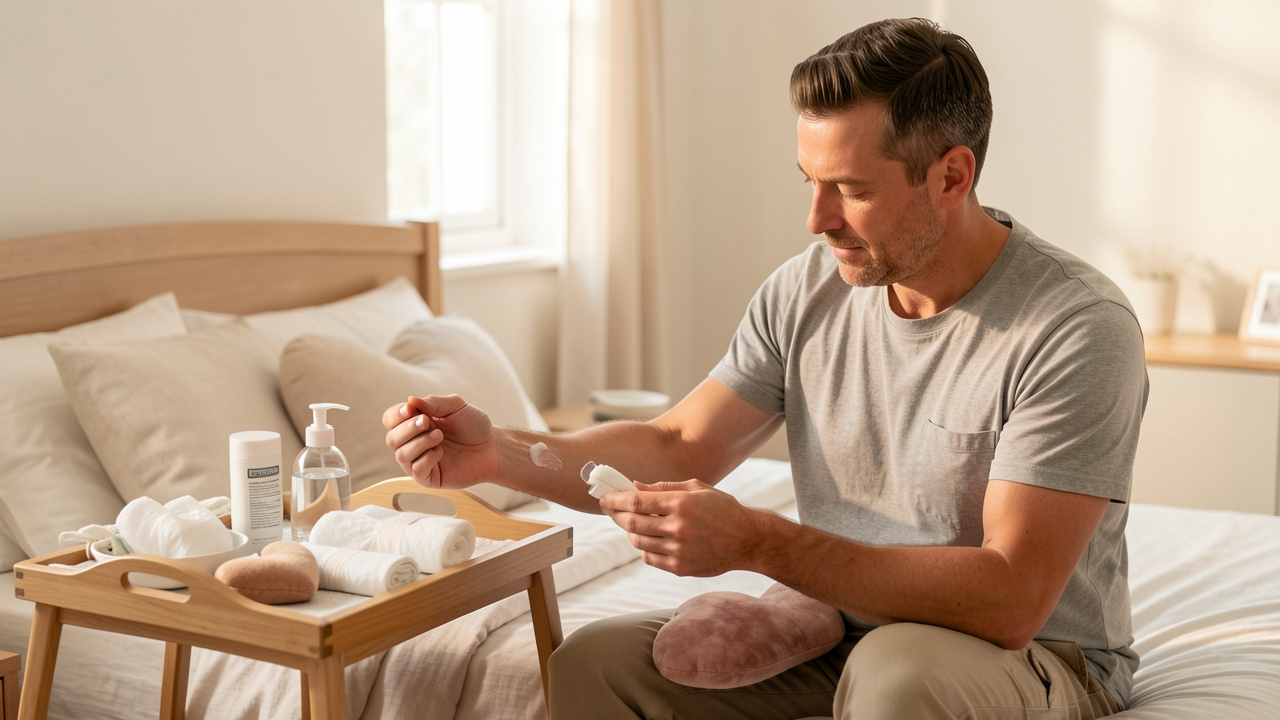 Homme adulte en convalescence après une chirurgie cardiaque, prenant soin de sa peau avec une crème hydratante dans une chambre lumineuse et apaisante.