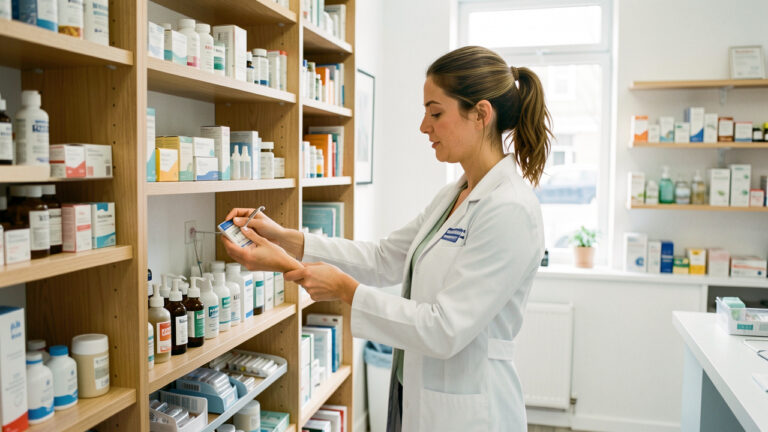 Une pharmacienne organise des produits de santé et de prévention dans une pharmacie lumineuse et accueillante.