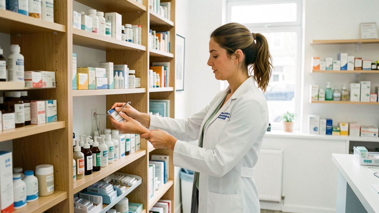 Une pharmacienne organise des produits de santé et de prévention dans une pharmacie lumineuse et accueillante.