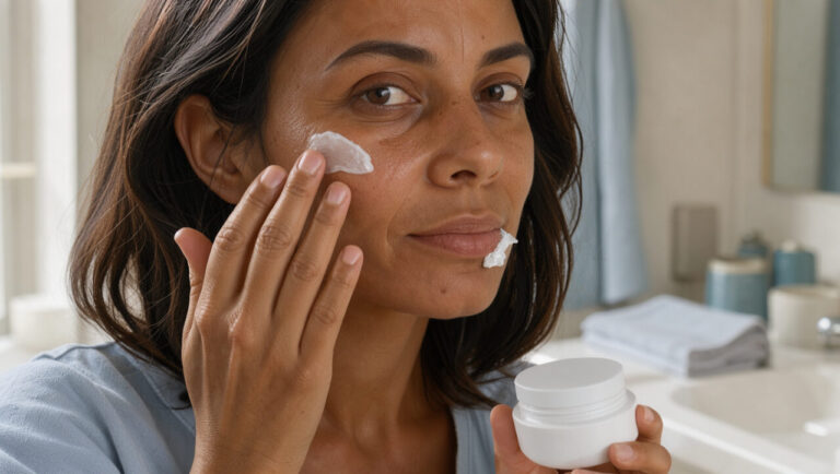 Femme appliquant délicatement une crème apaisante sur sa joue après une chirurgie orale, dans une salle de bains lumineuse et sobre.