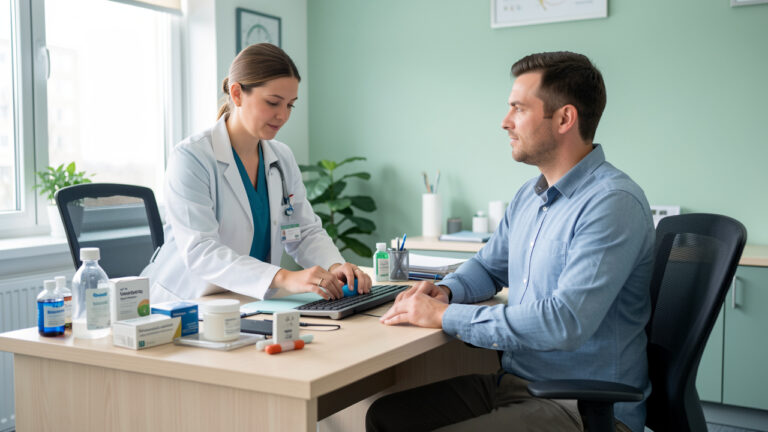 Une pharmacienne en santé au travail présente des accessoires ergonomiques et des produits de prévention à un employé assis dans une posture saine.